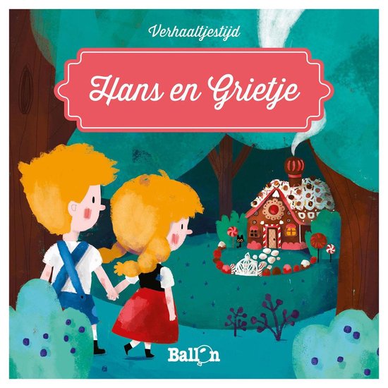 Illustration de livre de Hansel et Gretel marchant vers une maison en pain d'épice, avec le texte "Verhaaltjestijd" et "Hans et Gretel".