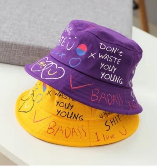 Bucket Hat Heren Bucket Hat Dames Set Geel en Paars Visserhoedje