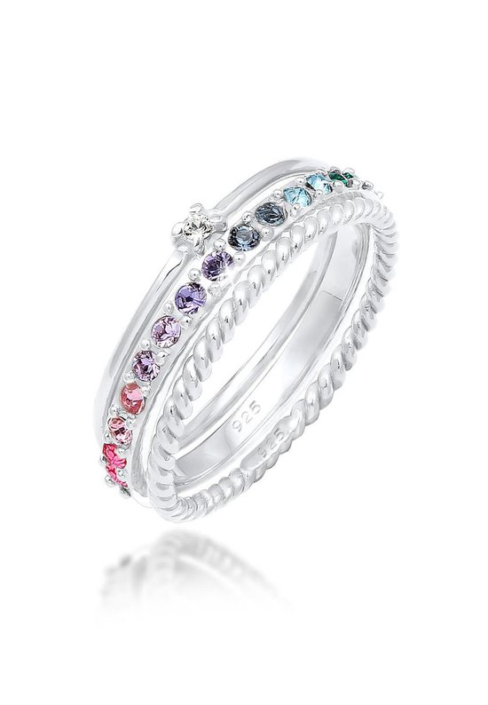 Elli Dames Ring Dames Set Multi-Colour Fonkelend met kristallen Kleurrijk in 925 sterling zilver verguld