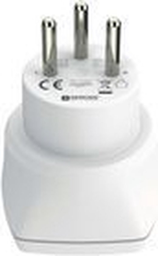 Witte SKROSS reisadapter met drie metalen pinnen, met CE-markering.