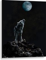 Canvas  - Huilende Wolf bij Maan op Rots - 75x100cm Foto op Canvas Schilderij (Wanddecoratie op Canvas)