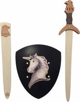 houtenzwaard met schede adelaar en ridderschild eenhoorn unicorn kinderzwaard ridderzwaard ridder schild