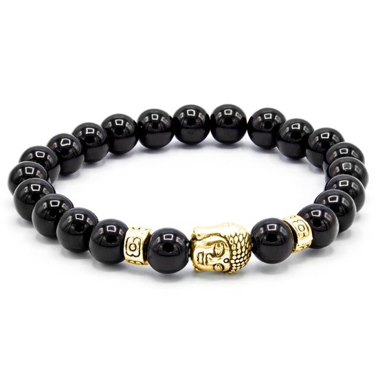 Victorious Natuurstenen Kralen Armband – Heren Armband – Dames Armband – Gouden Buddha – Zwart – 17cm