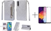 Glitter Bookcase voor Samsung Galaxy A70 | Hoogwaardig PU Leren Hoesje | Telefoonhoesje | Portemonnee | Zilver + 1x screenprotector