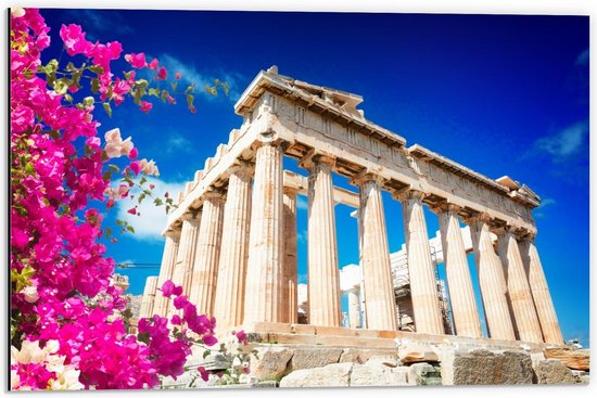 Dibond - Parthenon in Athene met Bloesembloemen - 60x40cm Foto op Aluminium (Met Ophangsysteem)