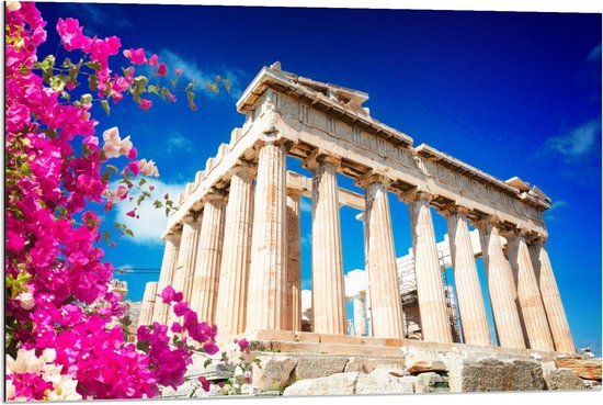 Dibond - Parthenon in Athene met Bloesembloemen - 90x60cm Foto op Aluminium (Wanddecoratie van metaal)