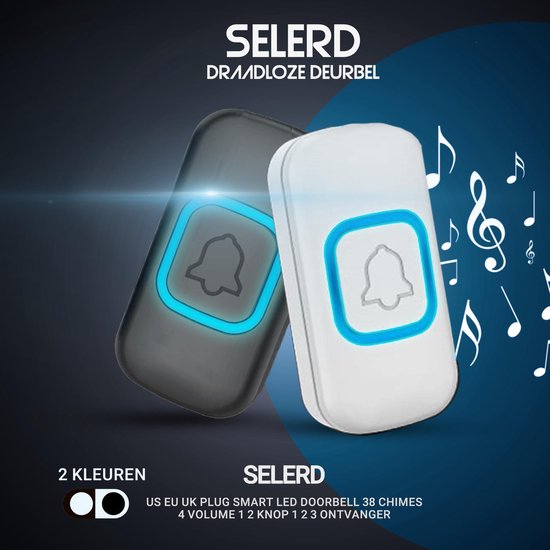 Selerd V2 - Zwart - Draadloze Deurbel - Plug & Play - IP44 Waterdicht - 4 Volumes - 38 Melodieën - Incl. Batterij - Deurbel Draadloos - Oplichtende Led - 5 jaar garantie — afbeelding 4
