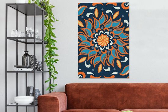 Motif carré et abstrait d'un tournesol bleu avec orange sur fond bleu foncé 90x140 cm - Tirage photo sur toile (Décoration murale salon / chambre)