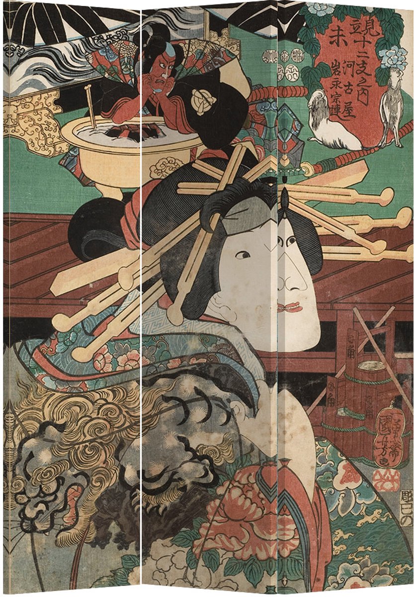 Fine Asianliving Kamerscherm Scheidingswand B120xH180cm 3 Panelen Japanse Mythe Multicolour