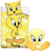 Looney Tunes-Dekbedovertrek Tweety- Ledikant 100x135cm - katoen, incl. grote pluche Tweety - 35cm