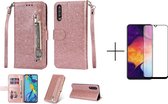 Glitter Bookcase voor Samsung Galaxy A50 | Hoogwaardig PU Leren Hoesje | Telefoonhoesje | Portemonnee | Roze Goud + 1x screenprotector