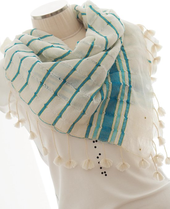 YELIZ YAKAR - Luxe zomersjaal - dames katoen / linnen sjaal "Linum II" - creme en turquoise blauw kleur - designer kleding