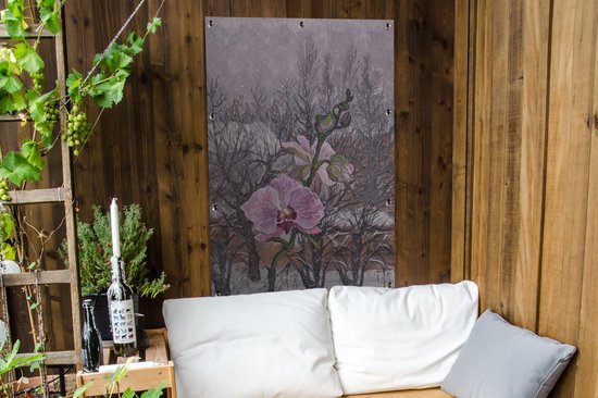Une illustration hivernale d'une affiche de jardin orchidée rose 80x120 cm - Toile de jardin / Toile d'extérieur / Peintures d'extérieur (décoration de jardin)