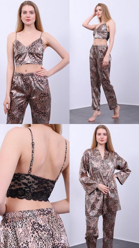 Satijn 3 -Delige Dames - Pyjama Set Luipaard Design / Kimono Ochtendjas Cadeau- Maat S