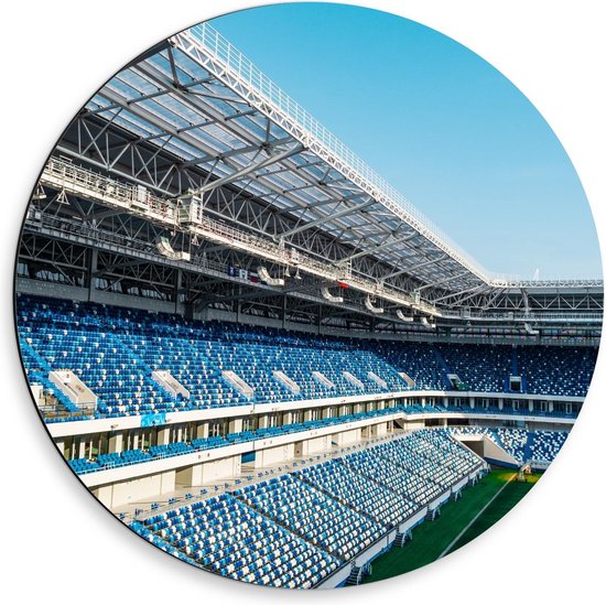 Dibond Wandcirkel - Blauw/Witte Tribune in Stadion - 50x50cm Foto op Aluminium Wandcirkel (met ophangsysteem)