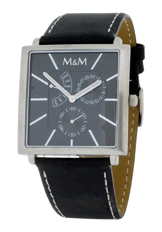 M & M M11702-425 Horloge - Kunstleer - Zwart - Ø 38 mm