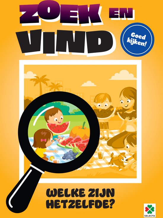 Zoek en vind doeboek: kinderpuzzel met vergrootglas, fruit en picknick.