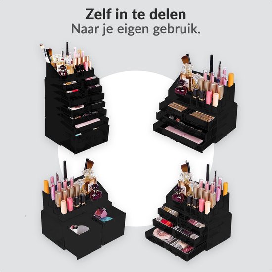 Confibel XXL Acryl Make-up Cosmetica Organizer - Verstelbare Lades - Sieraden/Make-up/Cosmetica Organizer - 11 compartimenten - Zwart - Confibel