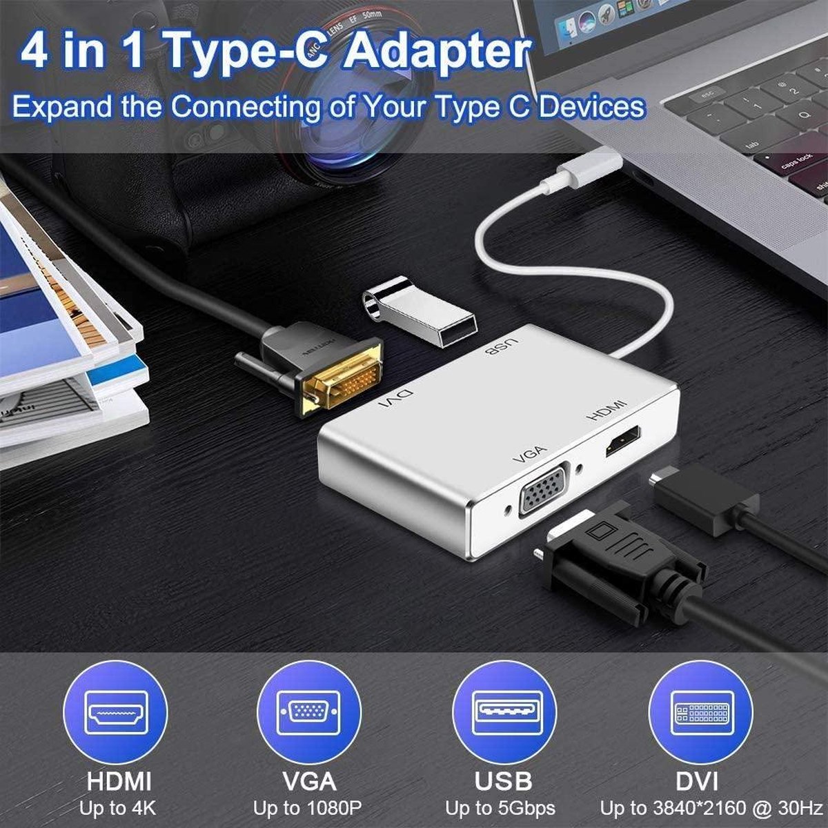 Adaptateur USB C vers HDMI DVI VGA, concentrateur Weton 4-en-1 USB-C vers  HDMI 4K
