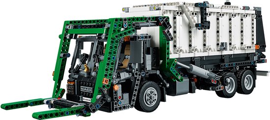 LEGO Technic speelgoed vuilniswagen met grijze cabine en groene, witte laadbak, op een witte achtergrond.