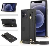 GSMNed - Leren telefoonhoesje zwart - Luxe iPhone 12 mini hoesje - iPhone hoes met koord - telefoonhoes 12 mini met handvat - zwart