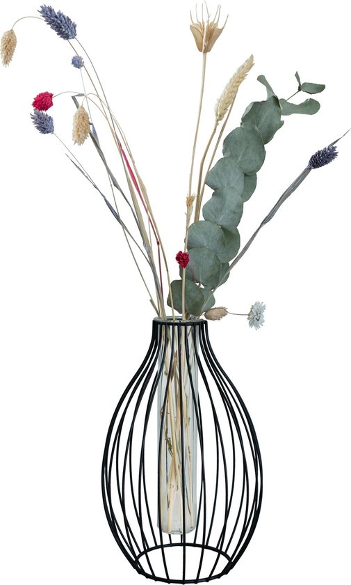 QUVIO Vaas voor droogbloemen - Vazen - Klassieke of landelijke bloemenvaas - Vaasje klein - Woonaccessoires voor bloemen en boeketten - Decoratieve accessoires - Metaal - 15 x 23,5 cm (dxh) - Zwart