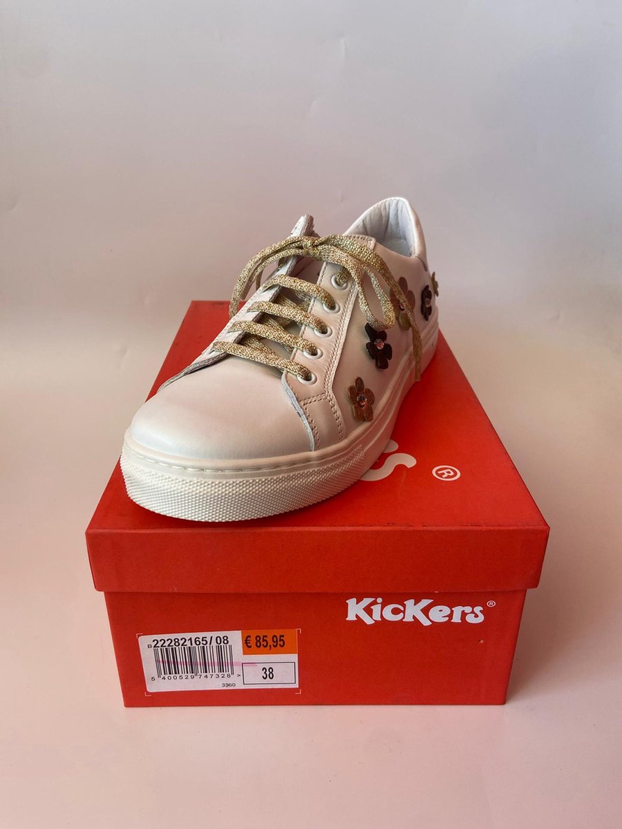Kickers Meisjes Hoge Sneakers met Veters en Rits Bloemen- Wit - Schoenen.nl