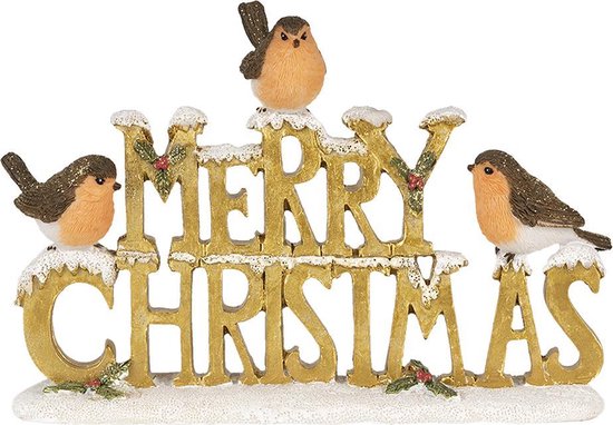 Clayre & Eef Figurine Oiseau 13 cm Couleur or Blanc Polyrésine Merry Christmas Décoration de Noël