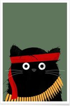 JUNIQE - Poster Cat - Rambo -30x45 /Groen & Zwart