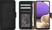 Samsung Galaxy A31 Case - Bookcase - Samsung A31 Case Book Case Wallet Cuir Véritable Croco Zwart Cover