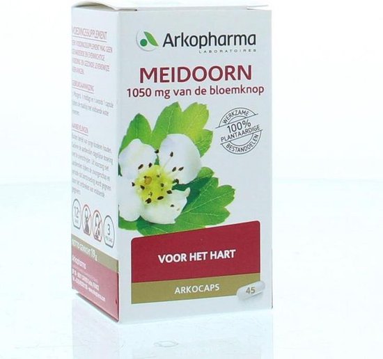 Verpakking Arkocaps Meidoorn, 'voor het hart', met bloem en bladeren, 45 capsules.