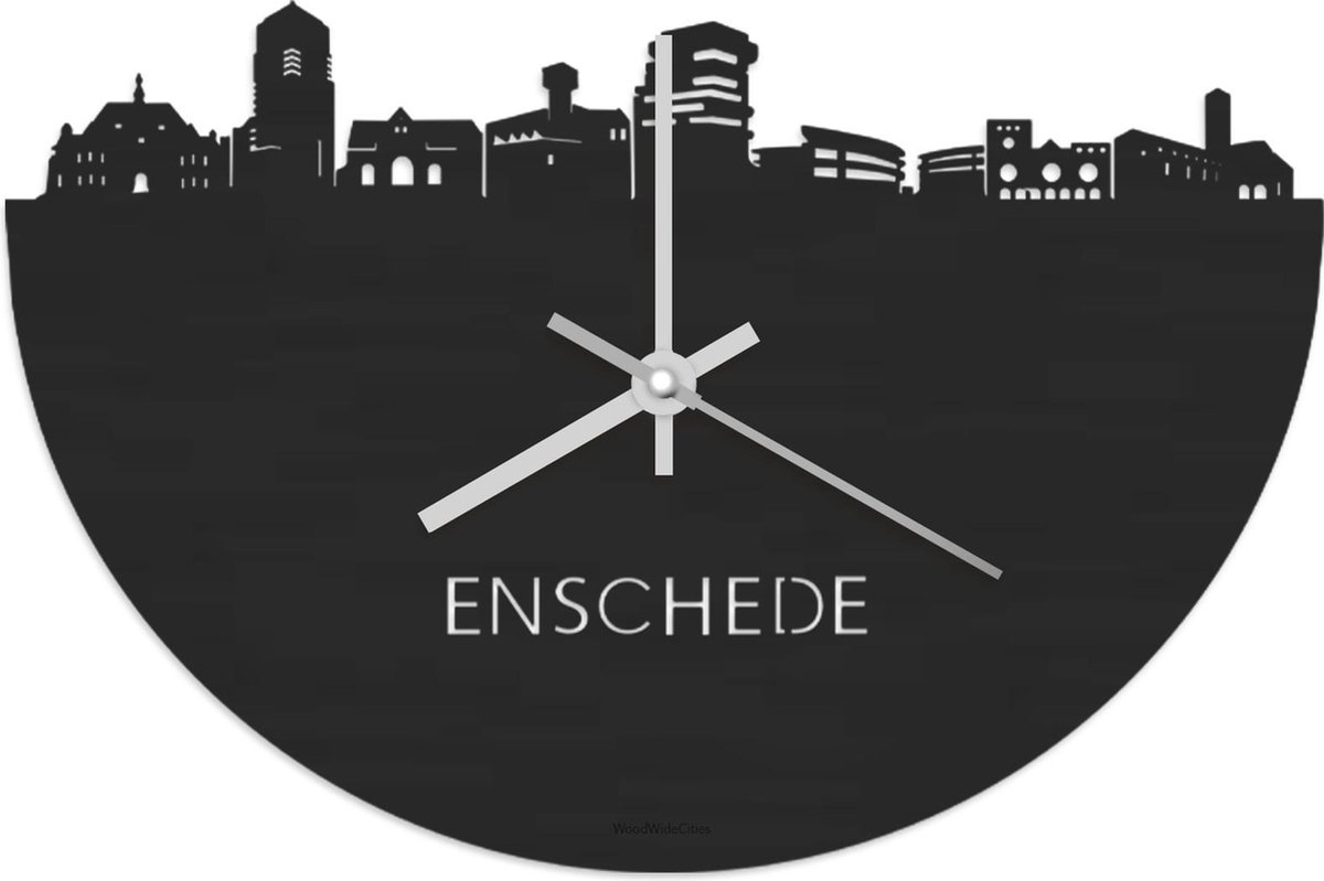 Skyline Klok Enschede Zwart hout - Ø 40 cm - Stil uurwerk - Wanddecoratie - Meer steden beschikbaar - Woonkamer idee - Woondecoratie - City Art - Steden kunst - Cadeau voor hem - Cadeau voor haar - Jubileum - Trouwerij - Housewarming - WoodWideCities