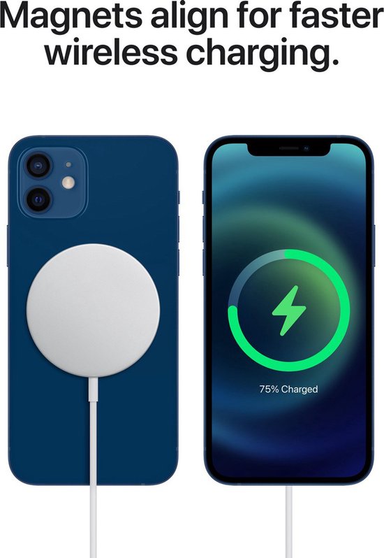 Blauw Apple telefoonhoesje met witte MagSafe oplader en scherm met groen laadicoon.