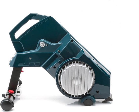 Elite fietstrainer met zilveren koelribben en blauwe behuizing, toont Direct Drive Transmission tekst.