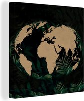 Canvas Wereldkaart - 20x20 - Wanddecoratie Wereldkaart - Wereldbol - Tropische planten