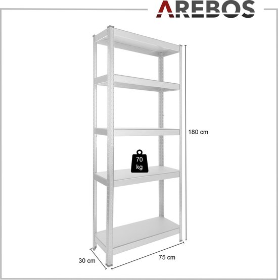 AREBOS stellingkast met afmetingen: 180 cm hoog, 75 cm breed, 30 cm diep, en 70 kg draagkracht per plank.