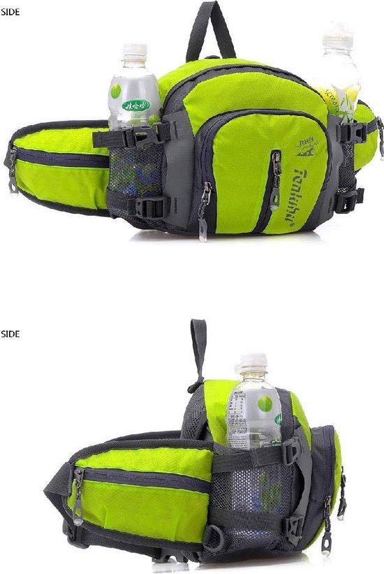 Zijaanzicht van de lichtgroene en grijze heuptas met waterflessen in mesh vakken.