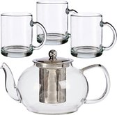 Glazen theepot met filter/infuser van 1100 ml met 6x stuks theeglazen van 285 ml