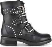 PS Poelman Dames - SENNA PU Tumbled Imitatieleren Biker Laarzen Boots met Zilveren Studs en Gespen en Ritssluiting - Zwart - Maat 42