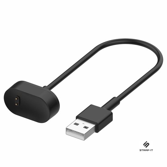 Zwarte oplaadkabel met USB-A connector en magnetische oplader voor smartwatches.