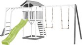 AXI Beach Tower Speeltoestel in Grijs/Wit - Speeltoren met Klimrek, Dubbele Schommel, Limoen Groene Glijbaan en Zandbak - FSC hout - Speelhuis op palen voor de tuin