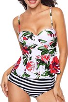 Tankini Dames 2-Delig - Bloemenprint En Ruches Wit - Maat XXXXXL/5XL 'Thilda'