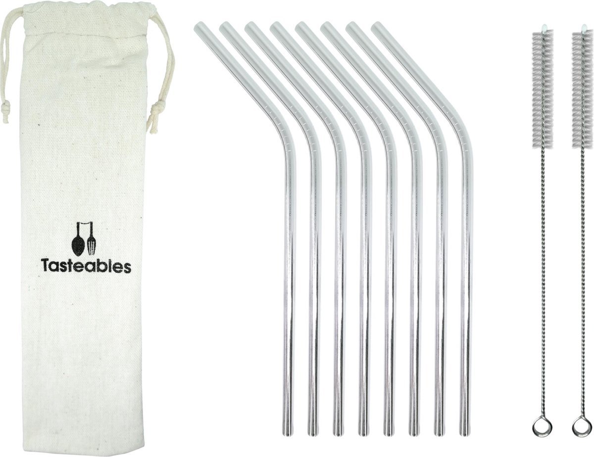 RVS Rietjes Gebogen - Cocktail Rietjes - Tasteables - Set van 8 - Herbruikbaar - Reinigingsborstel - 210mm lengte - Zilver