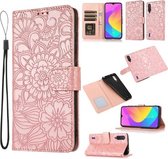 Voor Xiaomi Mi CC9 Huid Voelen Reliëf Zonnebloem Horizontale Flip Lederen Case met Houder & Kaartsleuven & Portemonnee & Lanyard (Rose Goud)
