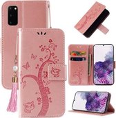 Voor Samsung Galaxy S20 Reliëf Lucky Tree Horizontale Flip Lederen Case met Houder & Kaartsleuf & Portemonnee & Lanyard (Rose Goud)