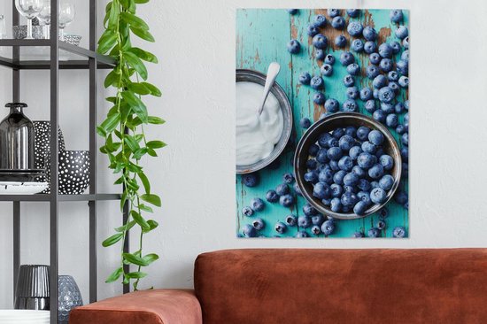 Canvas schilderij 60x80 cm - Wanddecoratie Blauwe bes - Yoghurt - Schaal - Tafel - Muurdecoratie woonkamer - Slaapkamer decoratie - Kamer accessoires - Schilderijen op canvas