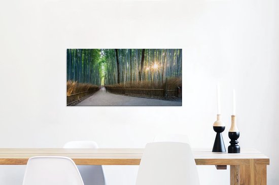 Canvas Schilderij Zonsopkomst in het Bamboebos van Arashiyama in Kyoto - 80x40 cm - Wanddecoratie