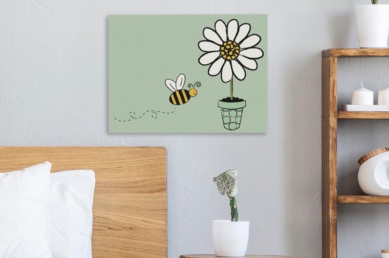 Une illustration d'une abeille volant vers une toile fleur blanche 40x30 cm - petit - Tirage photo sur toile (Décoration murale salon / chambre) / animaux sauvages Peintures sur toile