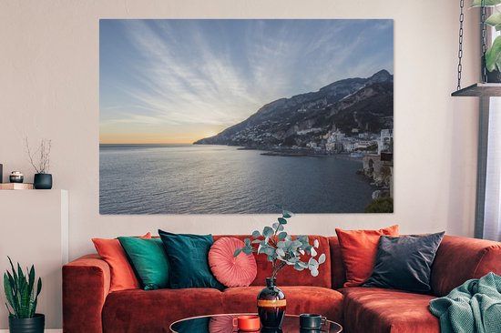 Le coucher de soleil derrière la montagne de la côte amalfitaine toile 180x120 cm - Tirage photo sur toile (Décoration murale salon / chambre) XXL / Groot format!