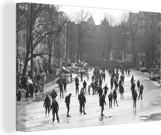 Canvas Schilderij Mensen schaatsen op Prinsengracht - Zwart - Wit - 30x20 cm - Wanddecoratie